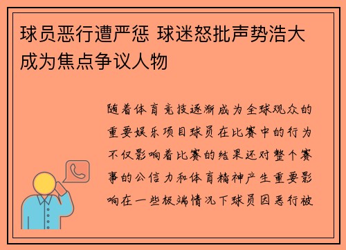 球员恶行遭严惩 球迷怒批声势浩大 成为焦点争议人物 球员恶行遭严惩 球迷怒批声势浩大 成为焦点争议人物